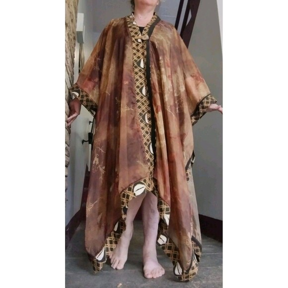 Mina Collection Kaftan Robe Mud Cloth Trim Copper Glow Rare Art to WearOne Size - Picture 3 of 16